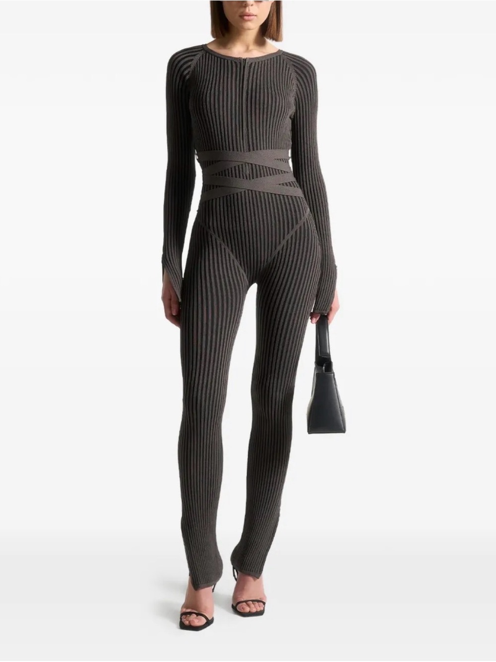 Ribbed Long-Sleeve Slim Jumpsuit in grey